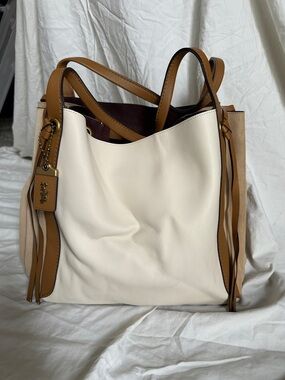 Coach Cream and Tan Leather Tote with Signature Tag
